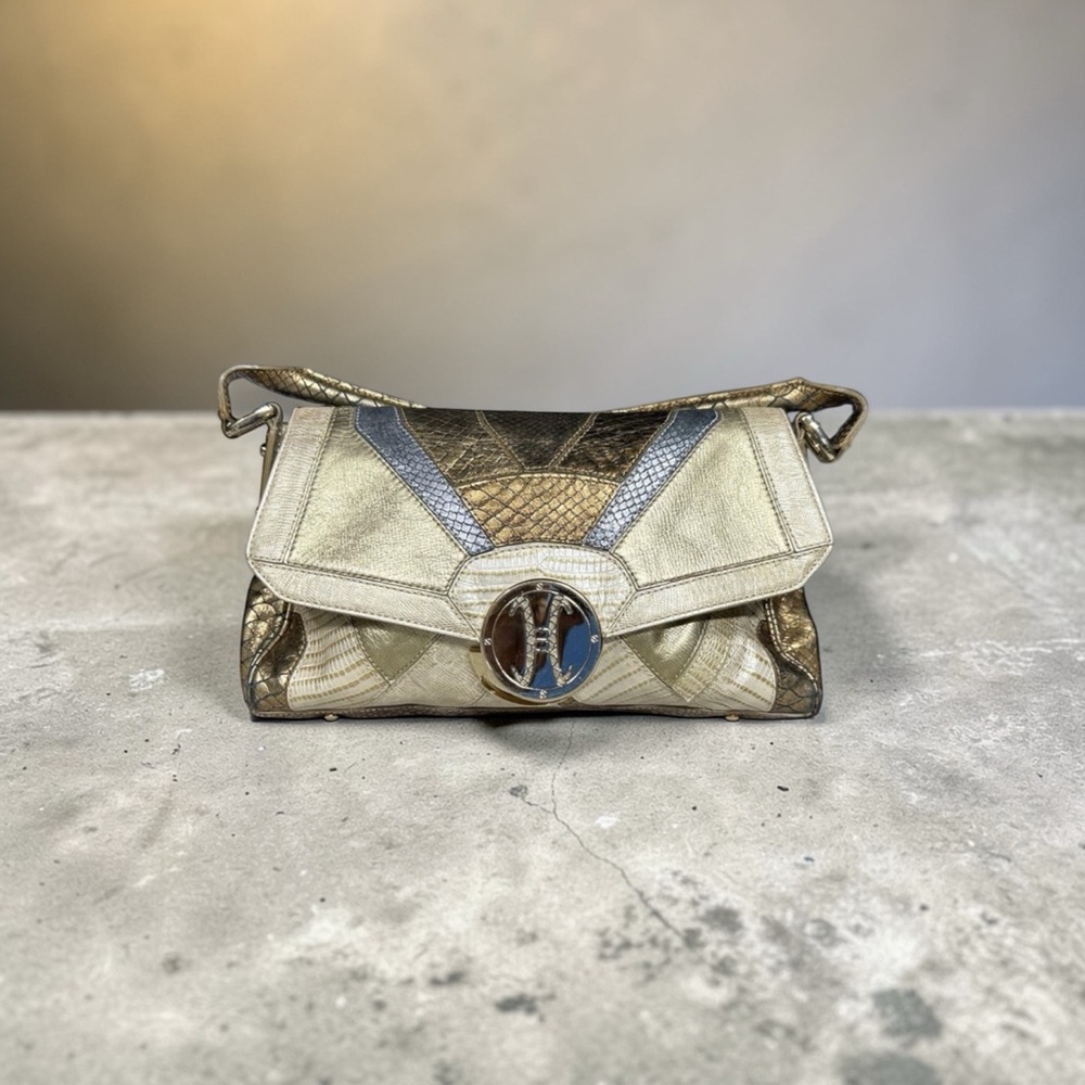 Cole Haan Paige Exotic Metallic Snake Skin Patchwork Shoulder Bag Gold Bronze